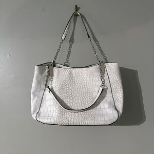 White Croc-Embossed Shoulder Bag with Chain Straps